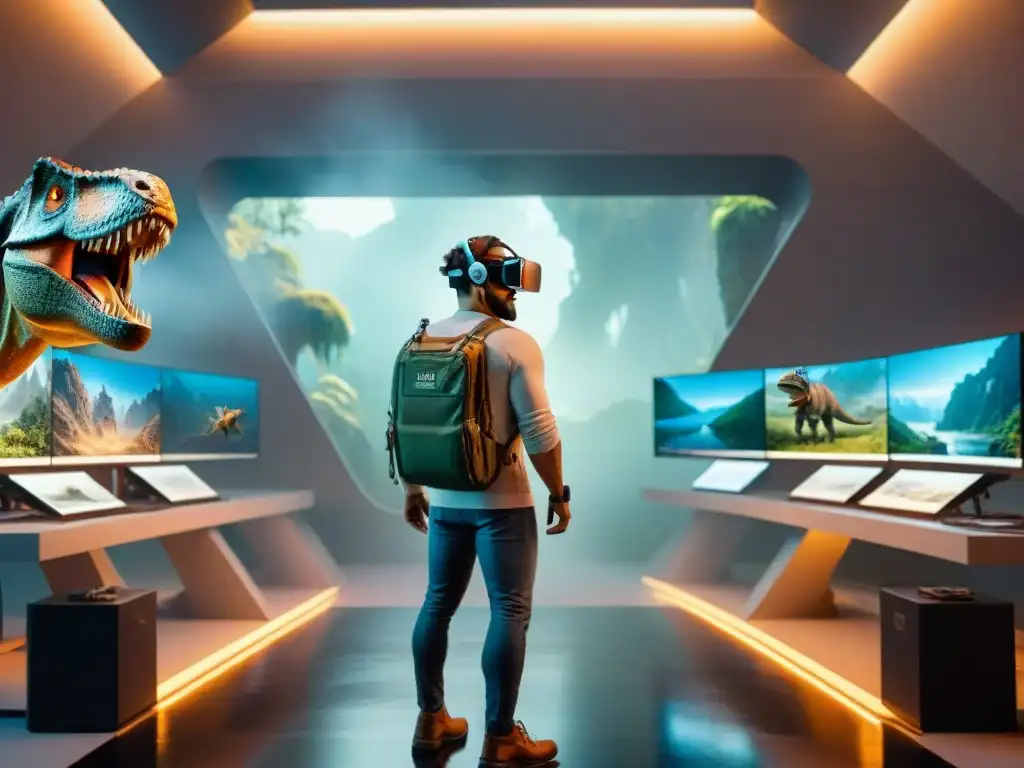 Paleoartista del futuro recreando escena prehistórica en realidad virtual Un paleoartista del futuro inmerso en recrear escenas prehistóricas con tecnología avanzada, reflejando las tendencias paleoarte próx