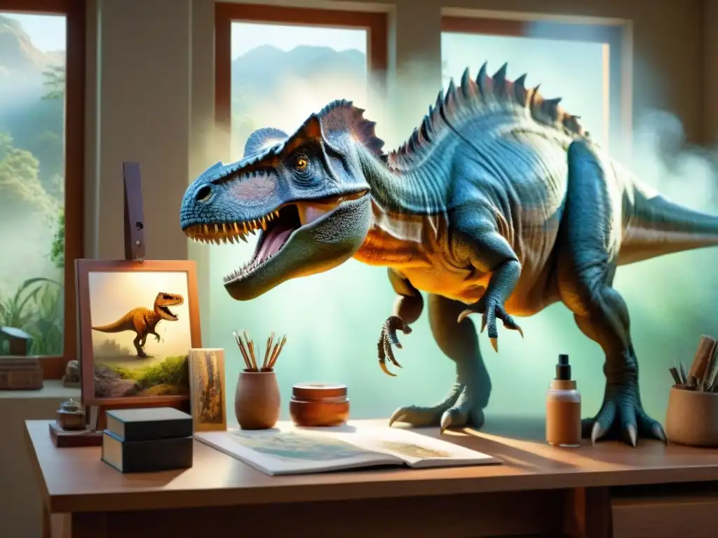 Paleoartista pintando un realista dinosaurio bajo la luz natural Un paleoartista habilidoso crea una representación realista de dinosaurios con luz natural, inmerso en su arte y concentración