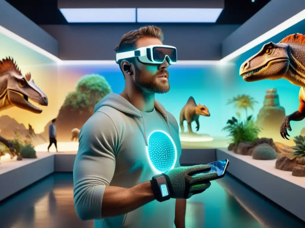 Artista paleo con tecnología futurista creando criatura prehistórica Un paleoartista inmerso en tecnología wearable crea una reconstrucción digital de una criatura prehistórica