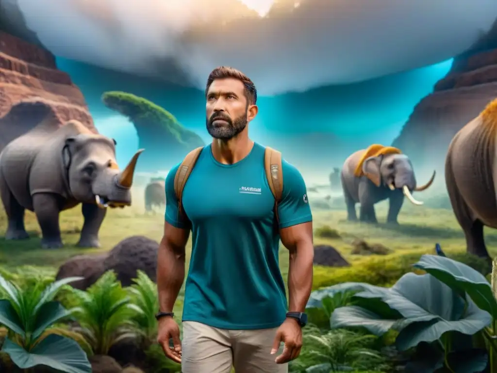 Paleoartista fusiona criaturas antiguas con tecnología avanzada Un paleoartista inmerso en tecnología wearable recrea escena prehistórica con precisión, fusionando pasado y presente en paleoarte