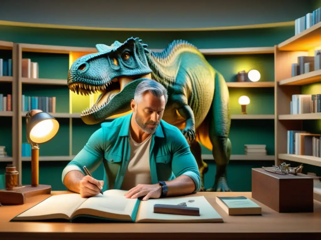 Maestro paleoartista esculpe al T Un paleoartista detallando un majestuoso Tyrannosaurus rex en su estudio, rodeado de libros científicos y herramientas artísticas