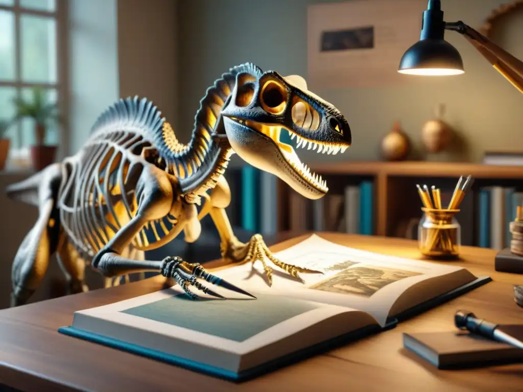 Detrás del arte: Ilustrando un Velociraptor con precisión científica Un paleoartista dibujando con meticulosidad un esqueleto de Velociraptor en un ambiente cálido y detallado