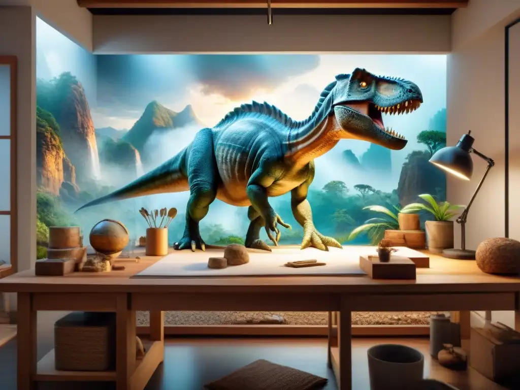 Paleoartista recrea escena prehistórica con detalle y precisión Un paleoartista meticuloso recrea una escena prehistórica bajo intensas técnicas de iluminación en su estudio