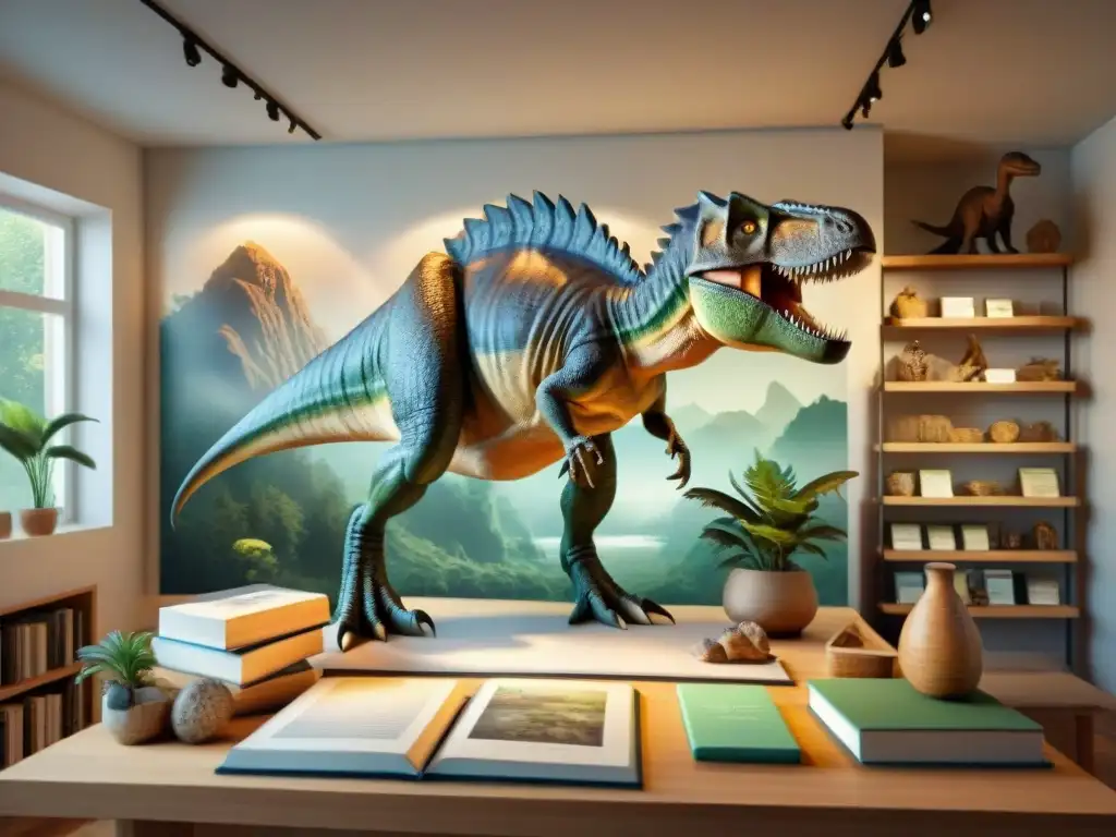 Escultor de dinosaurios: arte paleontológico detallado Un paleoartista meticuloso recrea una escultura de dinosaurio en un estudio soleado, rodeado de libros y fósiles