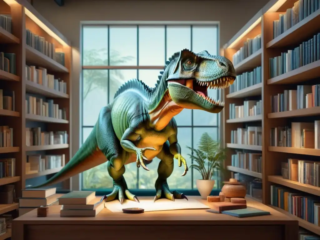Detalle en 8k: Artista paleo meticuloso retratando un T-Rex Un paleoartista meticuloso dibujando un majestuoso Tyrannosaurus rex rodeado de libros científicos y fósiles de referencia