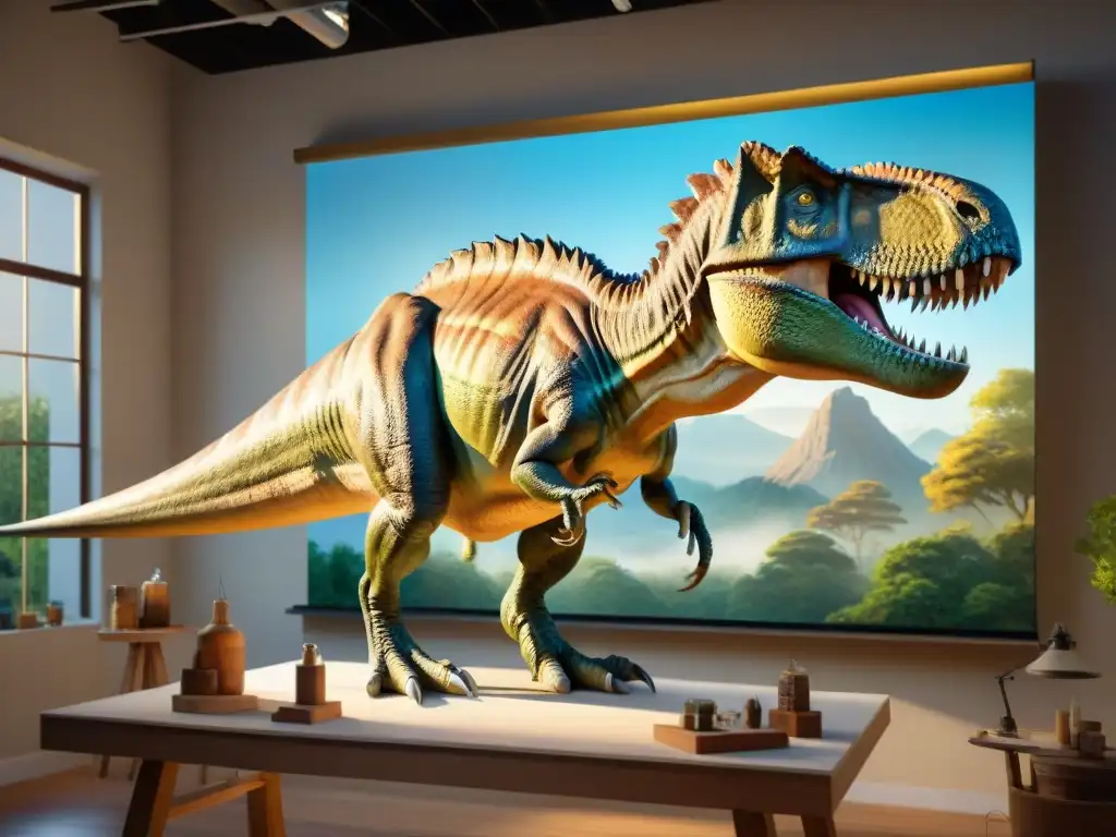 Paleoartista experto pintando un realista T Un paleoartista meticuloso representa un realista Tyrannosaurus rex con luz natural en su estudio de arte