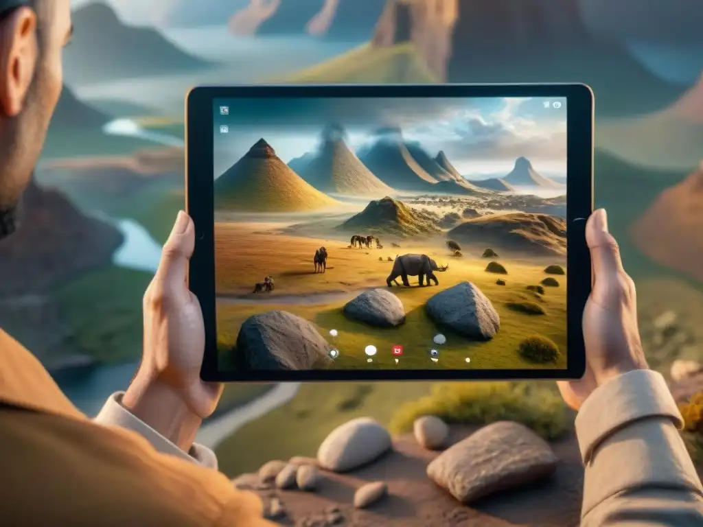 Paleoartista creando escena prehistórica en tablet 8k Un paleoartista meticuloso usando técnicas de iluminación en paleoarte en su tablet digital, con precisión e intensidad