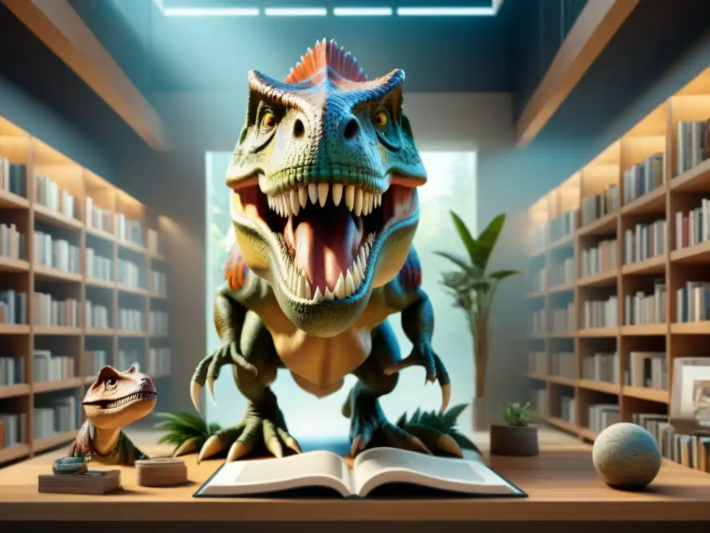 Maestro paleoartista dando vida al Tiranosaurio rex en 8k Un paleoartista meticuloso trabajando en la representación dinámica de un Tiranosaurio rex rugiente, rodeado de libros científicos y herramientas digitales