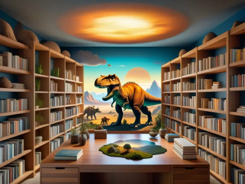 Paleoartista pintando un paisaje prehistórico detallado Un paleoartista detalladamente ilumina su obra rodeado de libros de paleontología