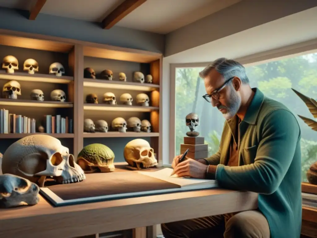 Paleoartista recreando dinosaurio prehistórico con detalle Un paleoartista recrea con precisión una escena prehistórica rodeado de libros, cráneos y fósiles