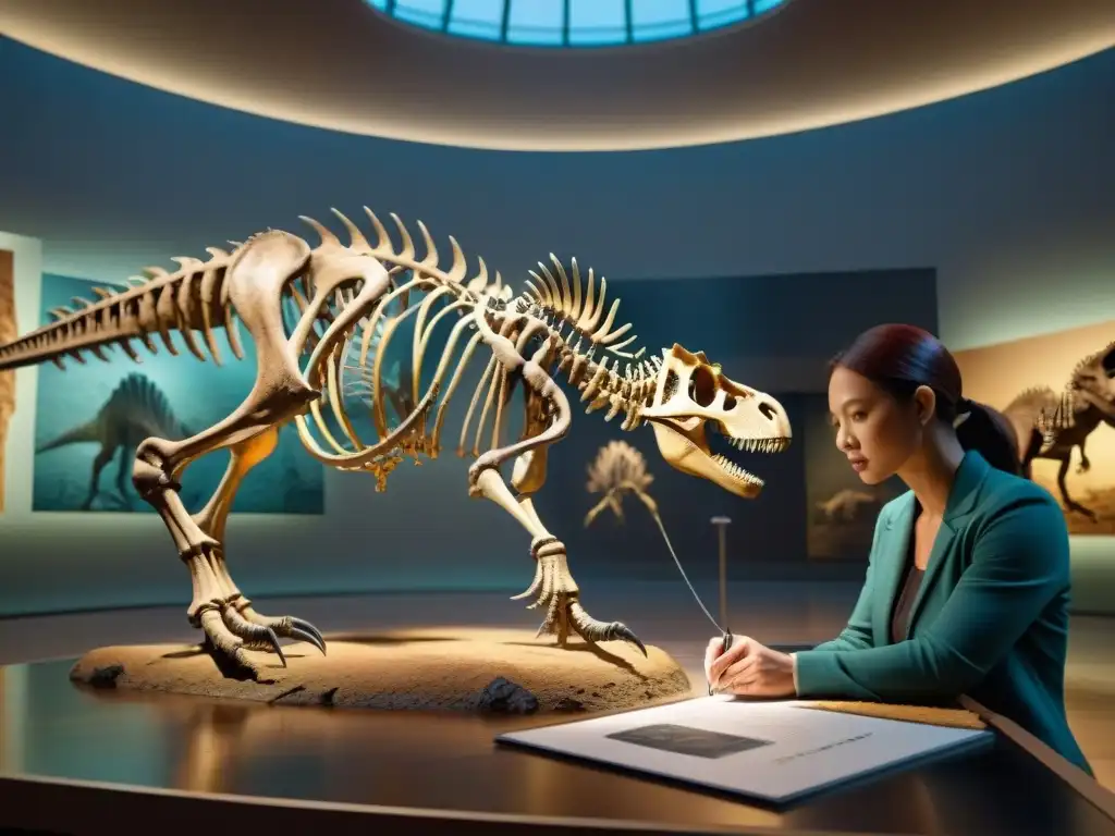 Arte paleontológico: Detalles fascinantes de un dinosaurio en la penumbra Un paleoartista dibuja con precisión un esqueleto de dinosaurio en un museo