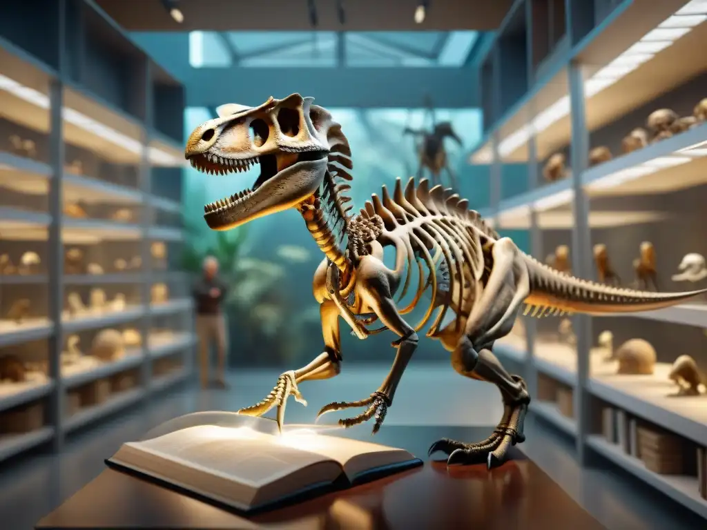 Reconstrucción detallada de dinosaurio por un paleoartista Un paleoartista reconstruye con precisión un esqueleto de dinosaurio en un laboratorio, fusionando arte y ciencia