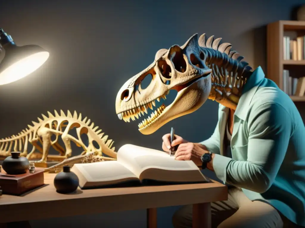 Paleoartista recrea esqueleto de dinosaurio con precisión y pasión Un paleoartista reconstruye con precisión un esqueleto de dinosaurio en un estudio tenue