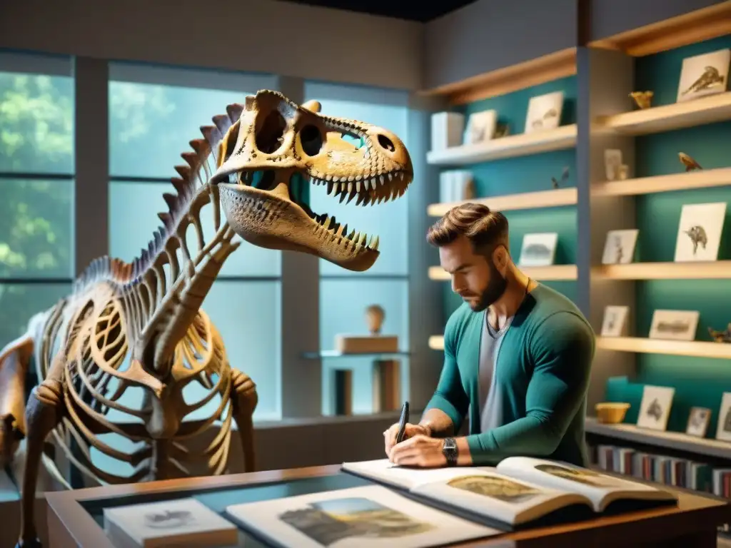 Paleoartista esculpe T Un paleoartista dibuja con precisión un esqueleto de Tyrannosaurus rex rodeado de libros de anatomía y réplicas de fósiles