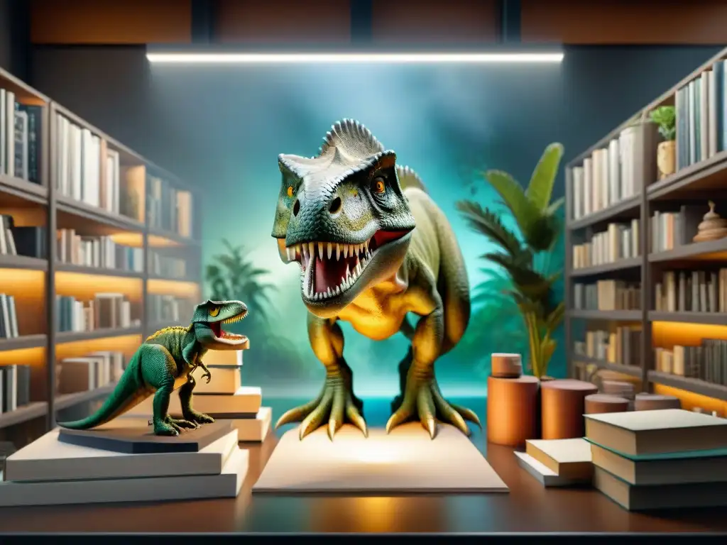 Un paleoartista recrea con precisión un Tyrannosaurus rex en su estudio, rodeado de libros y herramientas de arte