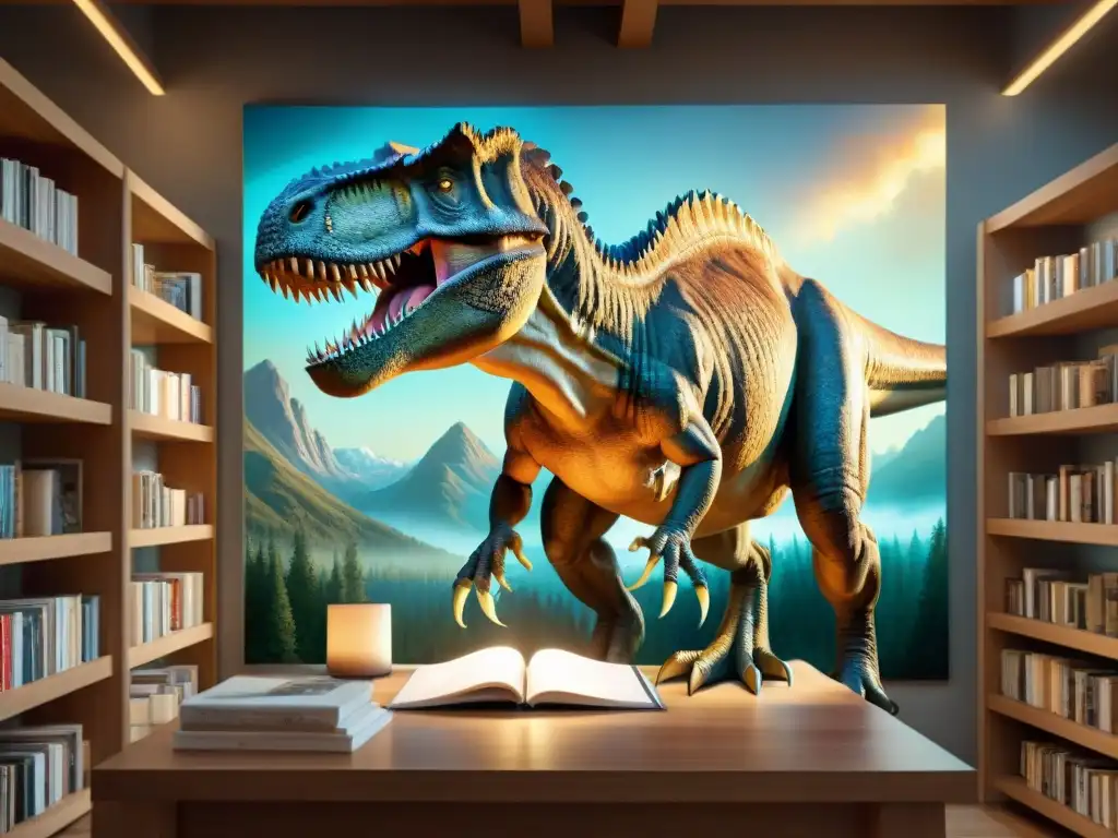 Arte paleontológico: pintando un T Un paleoartista detalladamente pintando un realista Tyrannosaurus rex en un estudio, rodeado de libros y réplicas de fósiles