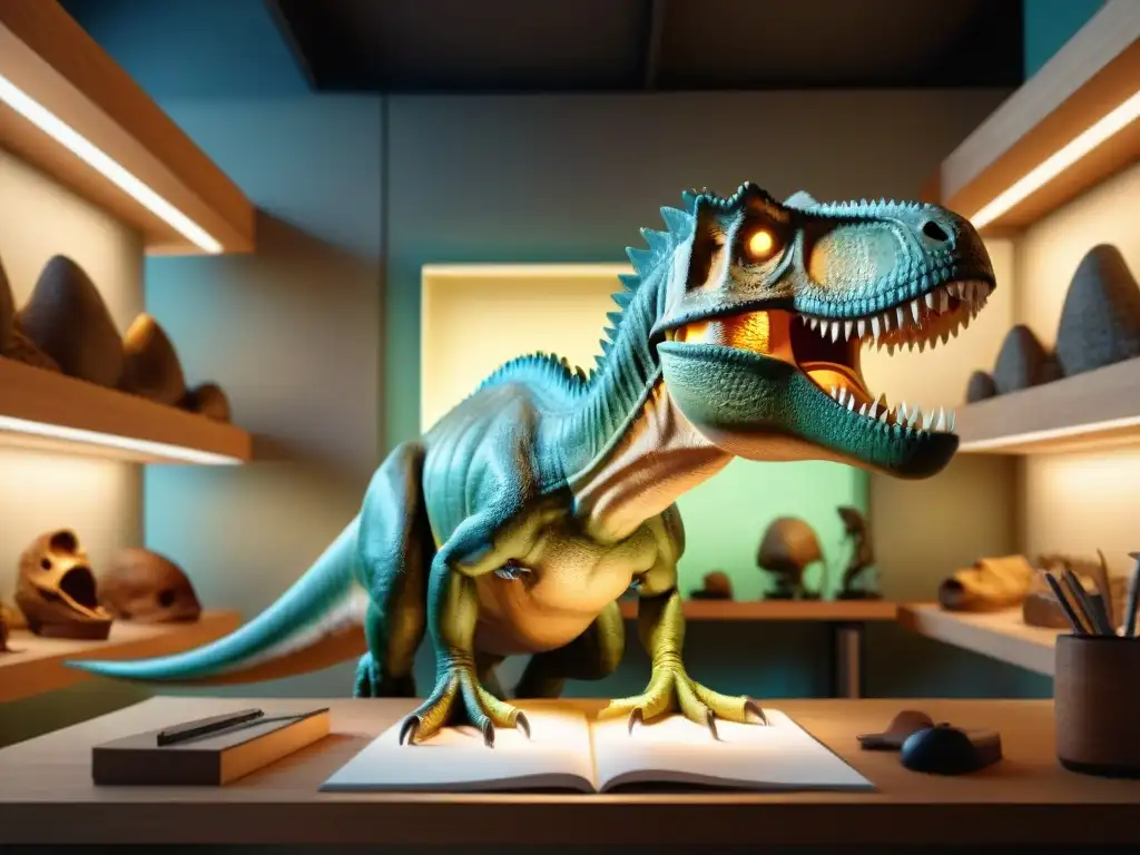 Maestro paleoartista esculpiendo un T Un paleoartista dibujando un realista Tyrannosaurus rex en su estudio, rodeado de referencias anatómicas y cráneos de dinosaurios