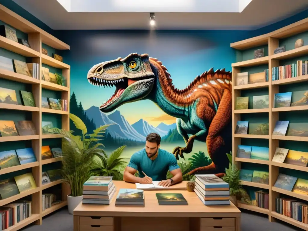 Artista paleontológico: pasión por recrear la vida prehistórica Un paleoartista crea una representación realista de un Velociraptor cazando con luz natural en su estudio
