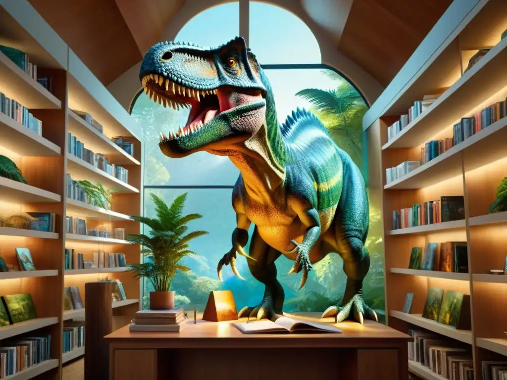 Un paleoartista renombrado pintando con detalle un tiranosaurio rex en un bosque soleado