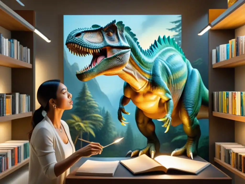 Un paleoartista renombrado pintando un realista Tiranosaurio rex en su estudio