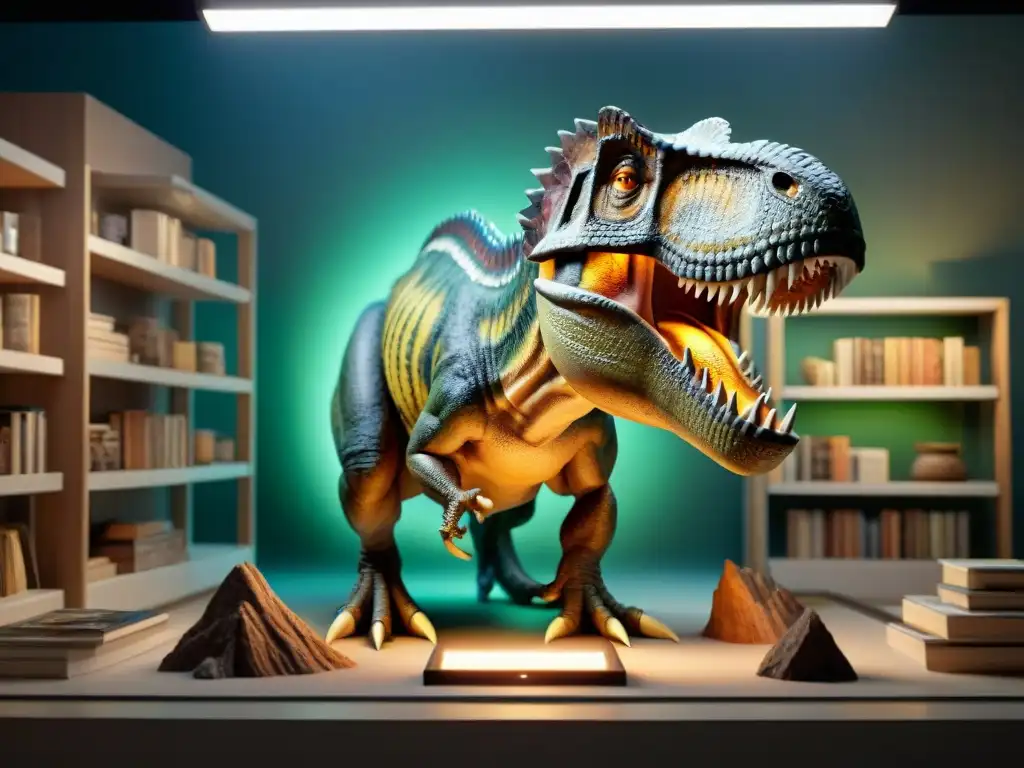 Un paleoartista talentoso recrea un Tiranosaurio rex en un estudio iluminado por un foco, rodeado de libros y fósiles