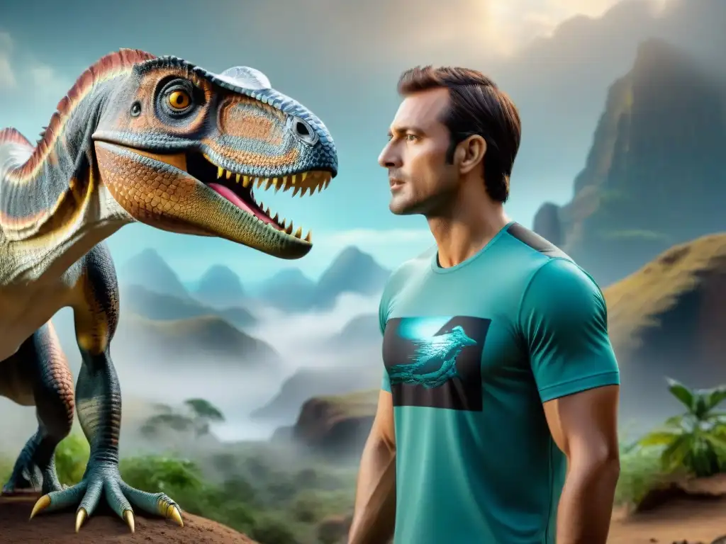Paleoartista en tecnología wearable: fusionando pasado y futuro Un paleoartista fusiona técnica tradicional con tecnología wearable, creando una ilustración digital de un Velociraptor