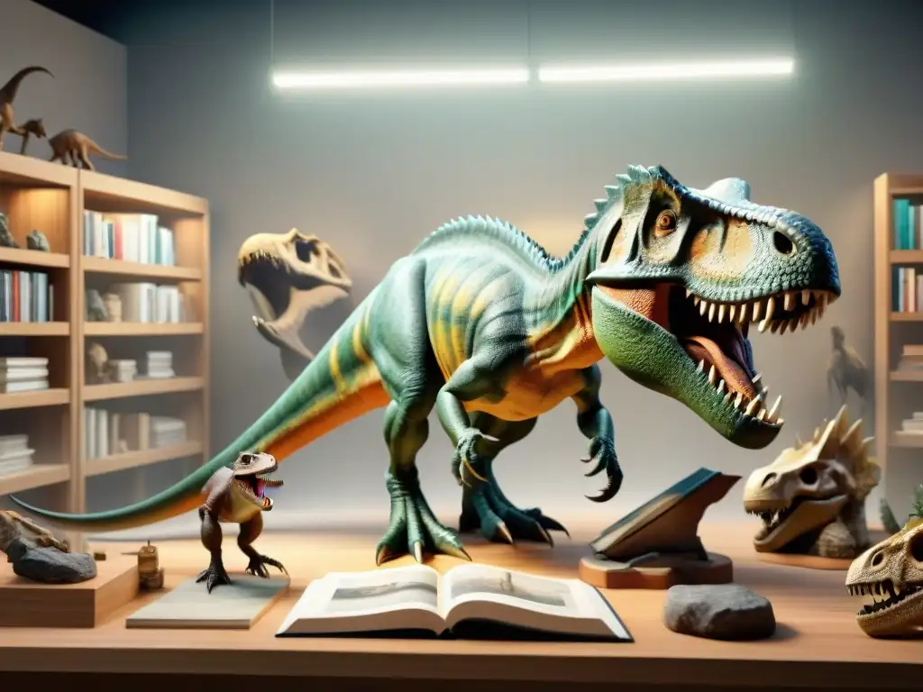 Sculptor de dinosaurios: arte paleontológico en acción Un paleoartista esculpe con técnicas dinámicas la furia de un T-Rex, rodeado de referencias y herramientas en su estudio iluminado
