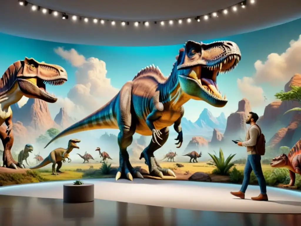 Paleoartista pintando un T Un paleoartista usando tecnología wearable crea una obra de arte digital de un T-Rex en un paisaje prehistórico