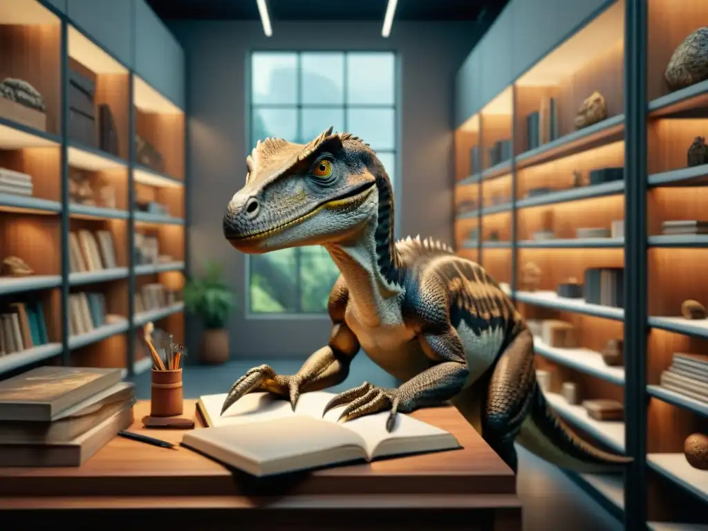 Maestro paleoartista esculpe realismo: velociraptor en 8k Un paleoartista dibujando un velociraptor con detalle en un estudio de ambiente tenue