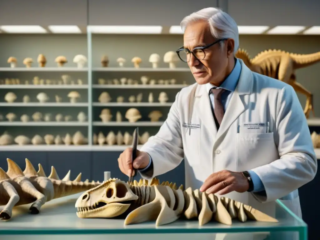 Encuentro ancestral: paleontólogo y anciano indígena examinan fósiles juntos Una paleontóloga y un anciano indígena examinan fósiles de dinosaurios juntos en un laboratorio, representando una fusión de tradición cultural y exploración científica