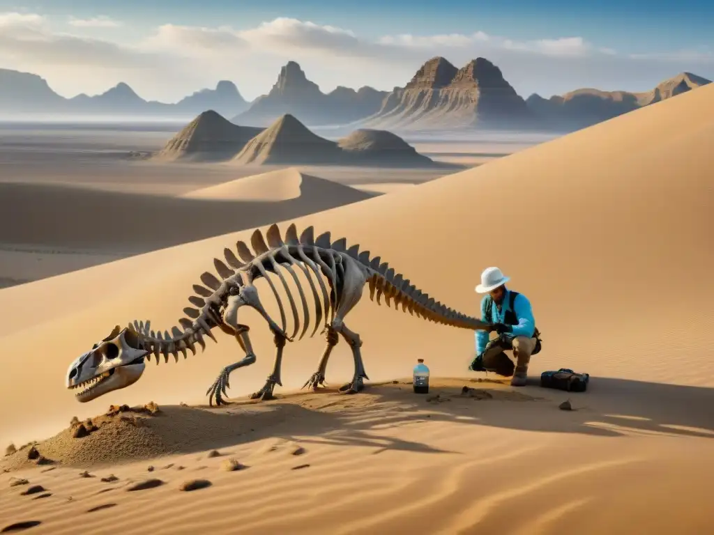 Excavación de fósiles de dinosaurios en desierto remoto Expedición paleontológica en desierto remoto: paleontólogos excavan esqueleto de dinosaurio