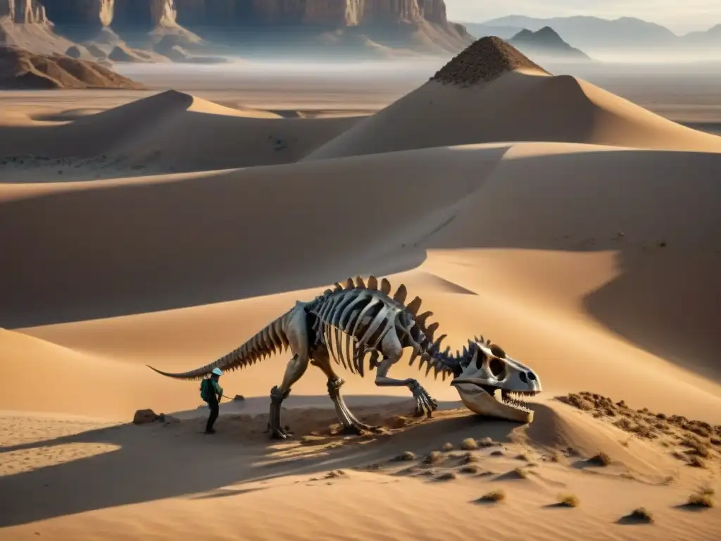 Excavación de dinosaurio en desierto: en busca de secretos antiguos Expedición paleontológica en desierto remoto: equipo excavando esqueleto de dinosaurio