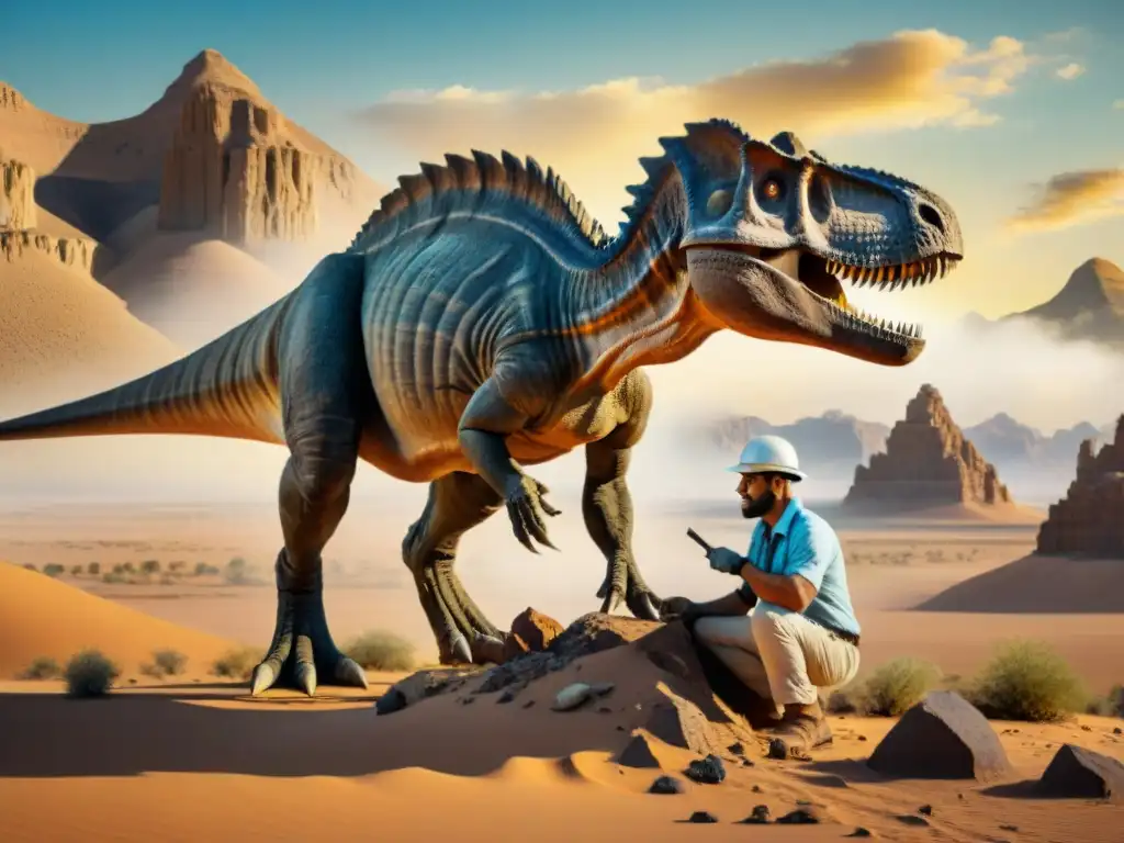 Exploración paleontológica de un fósil de dinosaurio en desierto remoto