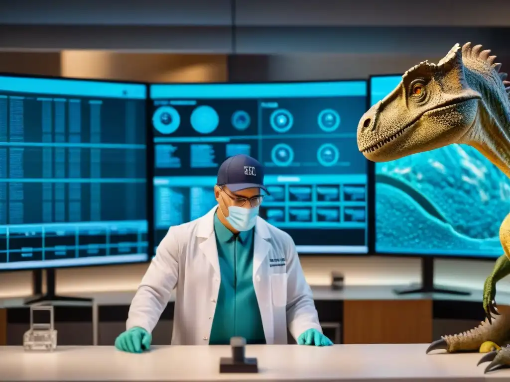 Clonación de dinosaurios: extracción de ADN Paleontólogo extrayendo ADN de fósil de dinosaurio para clonación genómica diferencias en laboratorio avanzado