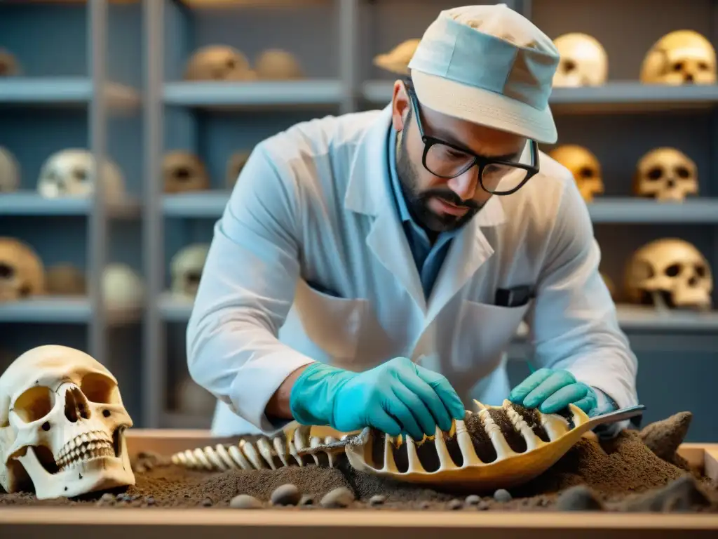 Descubriendo el pasado: Paleontólogo desenterrando fósil de ave Paleontólogo estudia con precisión la evolución de aves en laboratorio paleontológico