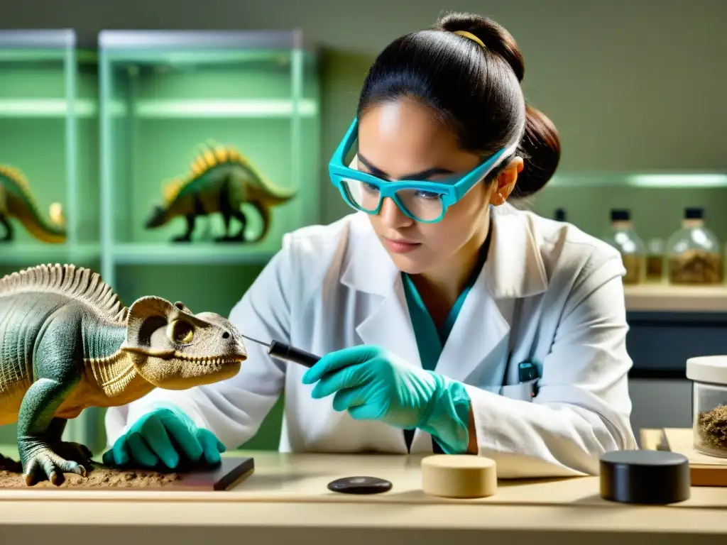 Descubriendo secretos: paleontólogo estudia fósil de syrinx de dinosaurio Un paleontólogo estudia detenidamente la caja vocal fosilizada de un dinosaurio, rodeado de equipo científico