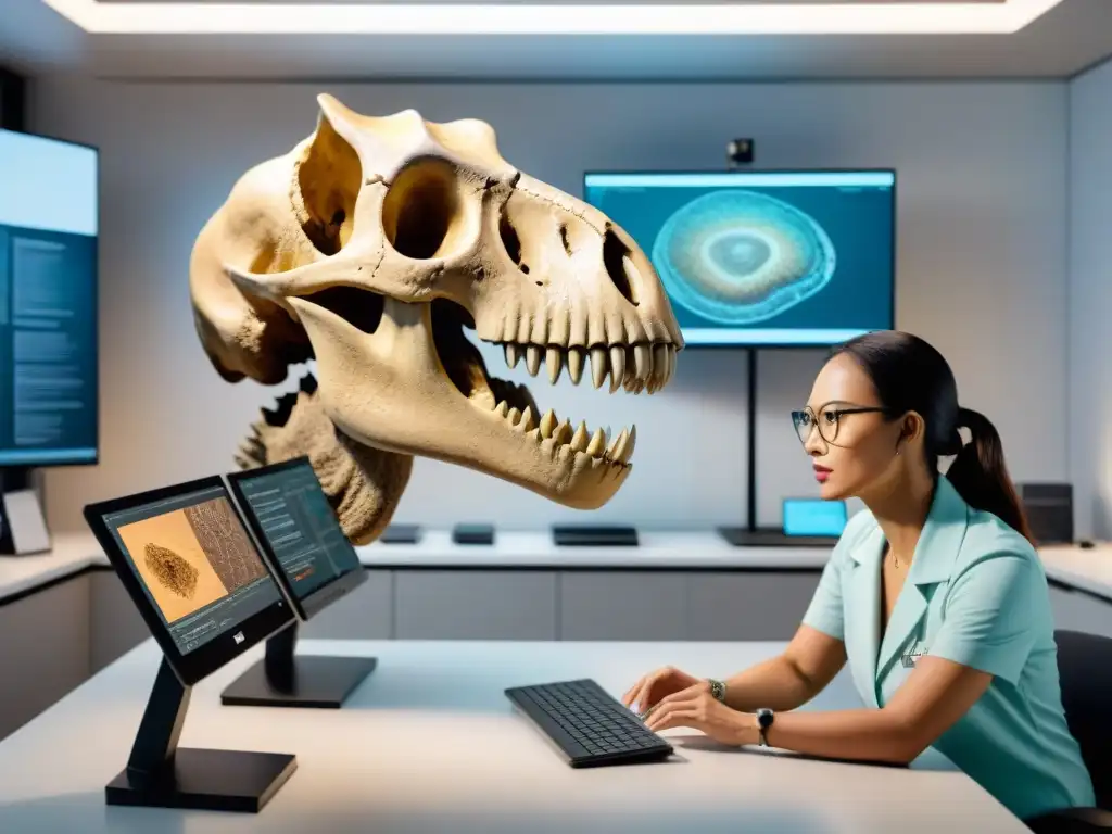Un paleontólogo analiza un cráneo de dinosaurio con tecnología de Inteligencia Artificial en paleontología moderna