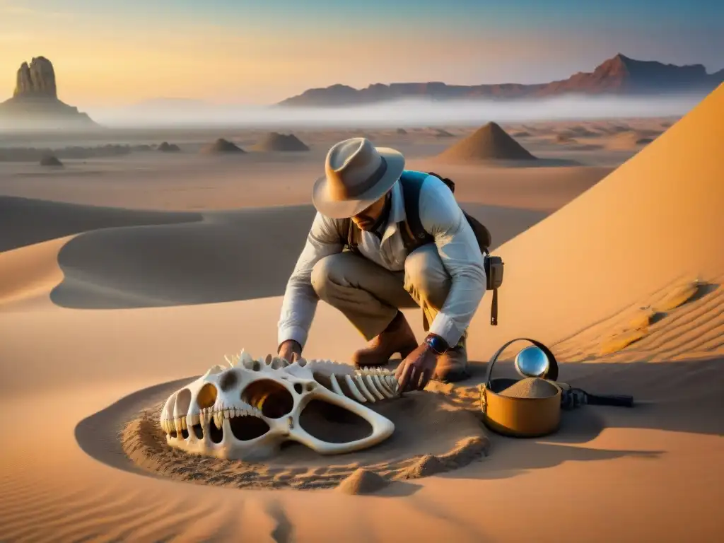 Excavación paleontológica al atardecer: descubriendo la historia antigua Un paleontólogo excava con cuidado un esqueleto de dinosaurio en un desierto al atardecer