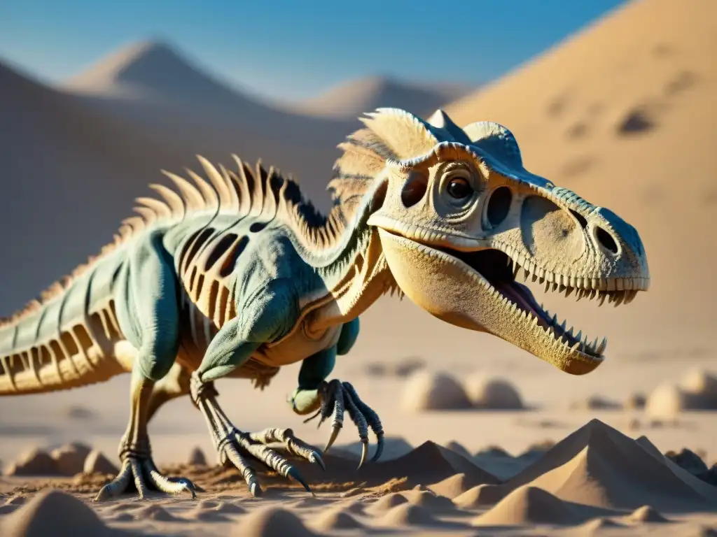 Excavación minuciosa de fósil de Deinonychus en el desierto del Gobi Un paleontólogo excavando con cuidado un fósil de Deinonychus en el Desierto de Gobi, revelando detalles asombrosos de la antigua criatura
