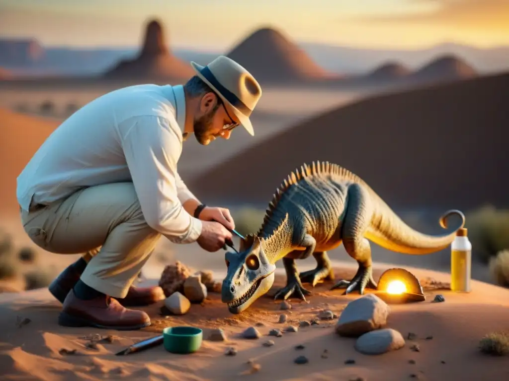 Excavación de fósil: precisión y emoción Un paleontólogo excava con cuidado un fósil de dinosaurio en un desierto remoto, bajo el cálido sol