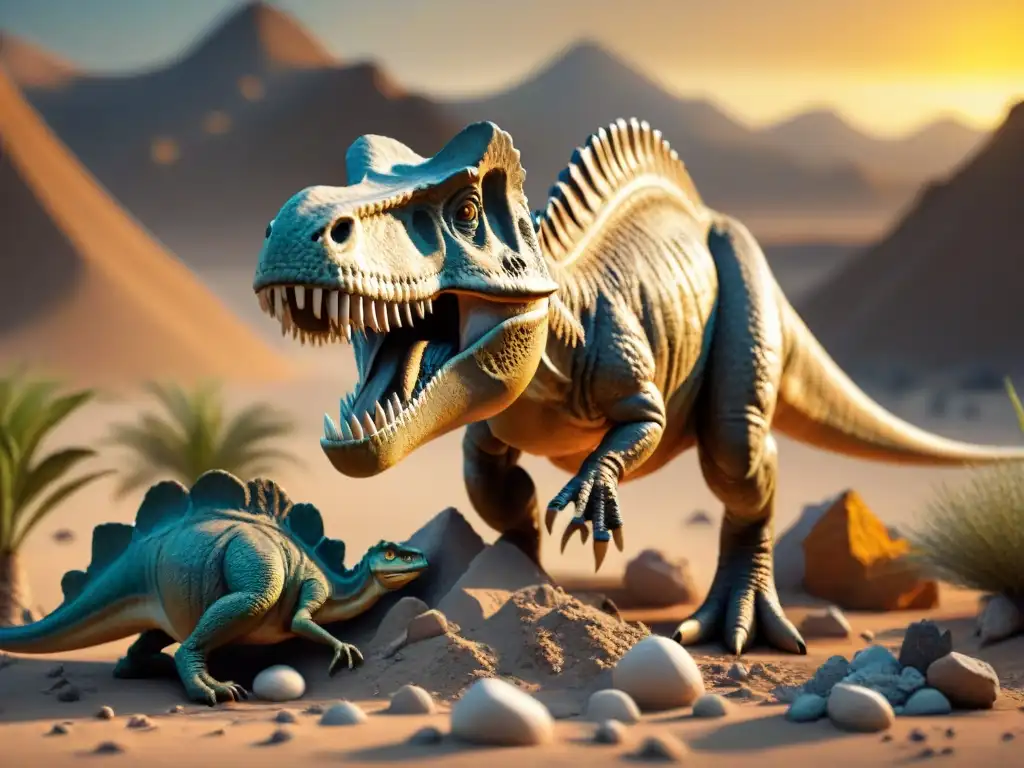 Excavación de fósil de dinosaurio al atardecer: descubrimiento y precisión Un paleontólogo excava con cuidado un fósil de dinosaurio en el desierto al atardecer, rodeado de herramientas y huesos prehistóricos
