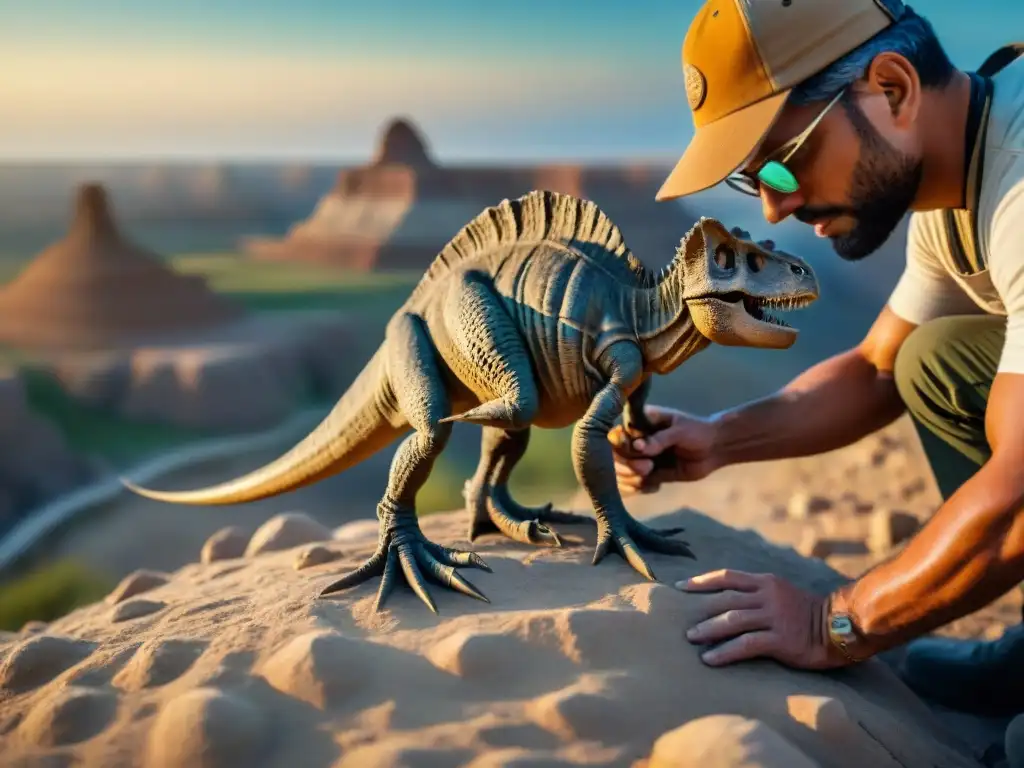 Descubrimiento de fósil: Paleontólogo en Badlands Un paleontólogo extrae con cuidado un fósil de dinosaurio en las Badlands de Dakota del Sur, una de las regiones ricas en fósiles del mundo