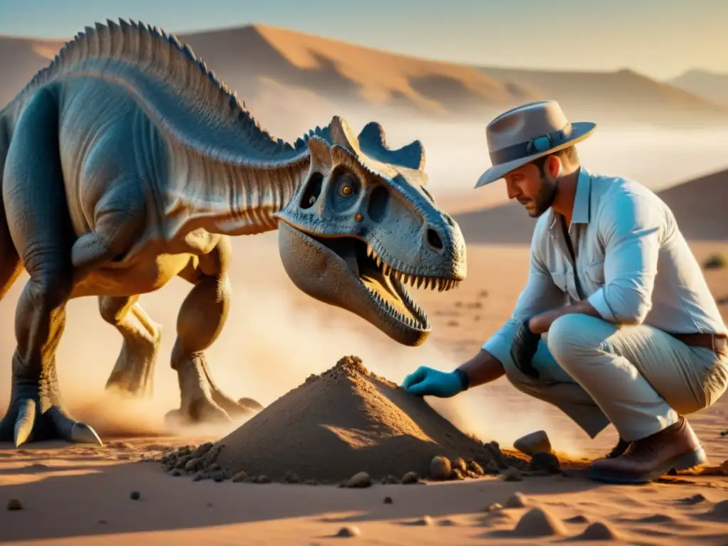 Excavación de fósil de dinosaurio al atardecer Un paleontólogo excavando con cuidado un fósil de dinosaurio en un desierto remoto al atardecer