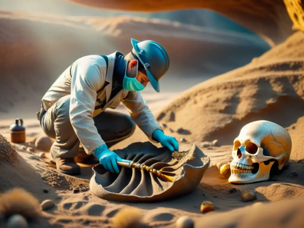 Excavación de fósiles: meticulosidad paleontológica Un paleontólogo excavando con cuidado fósiles, rodeado de capas de sedimento y artefactos antiguos, en una escena iluminada por el sol
