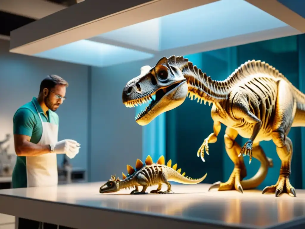 Examinando fósiles de dinosaurios con deformidades: detalle impresionante Un paleontólogo examina con cuidado huesos deformes de dinosaurios bajo foco brillante en laboratorio tenue