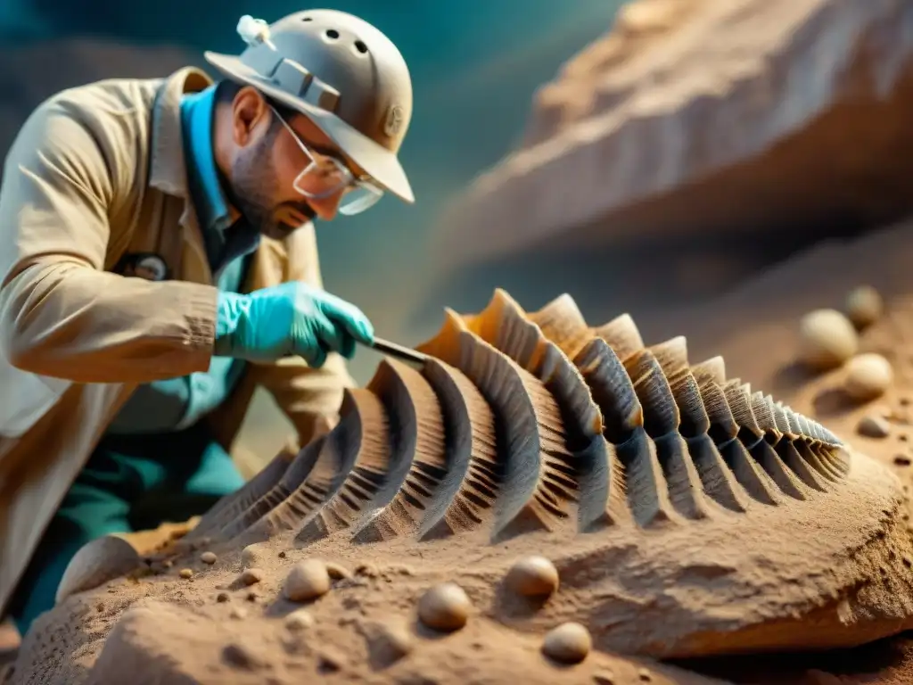 Un paleontólogo examina con detalle un fósil en roca, con la palabra clave 'Apps colaborativas búsqueda fósiles móvil'