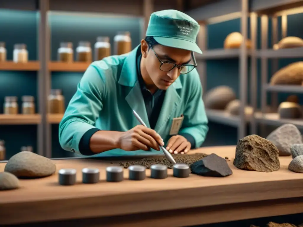 Paleontólogo descubriendo fósiles en laboratorio Un paleontólogo descubre detalles en un fósil con pincel y lupa en un laboratorio, destacando la importancia química en la identificación de fósiles