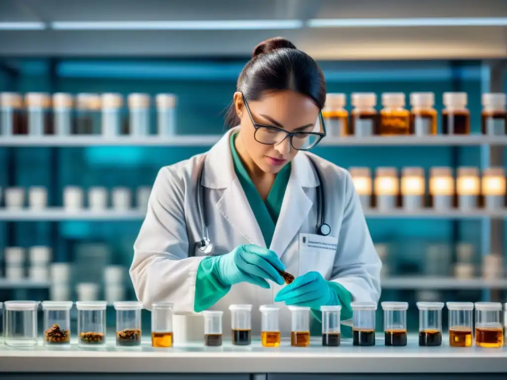 Extracción de ADN de dinosaurio en ámbar: laboratorio de alta tecnología Un paleontólogo extrae ADN de dinosaurio de un ámbar, en un laboratorio lleno de tecnología