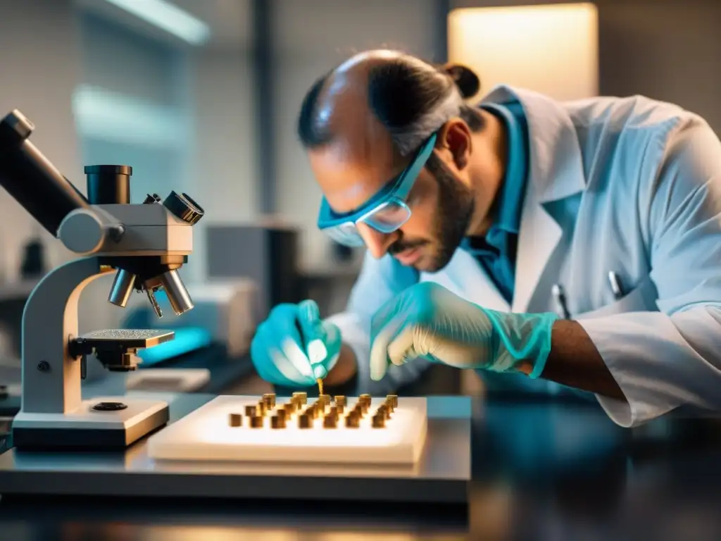 Extracción de ADN de dinosaurio: ciencia de vanguardia Un paleontólogo extrae ADN de dinosaurio de un fósil en un laboratorio avanzado, enfoque y determinación