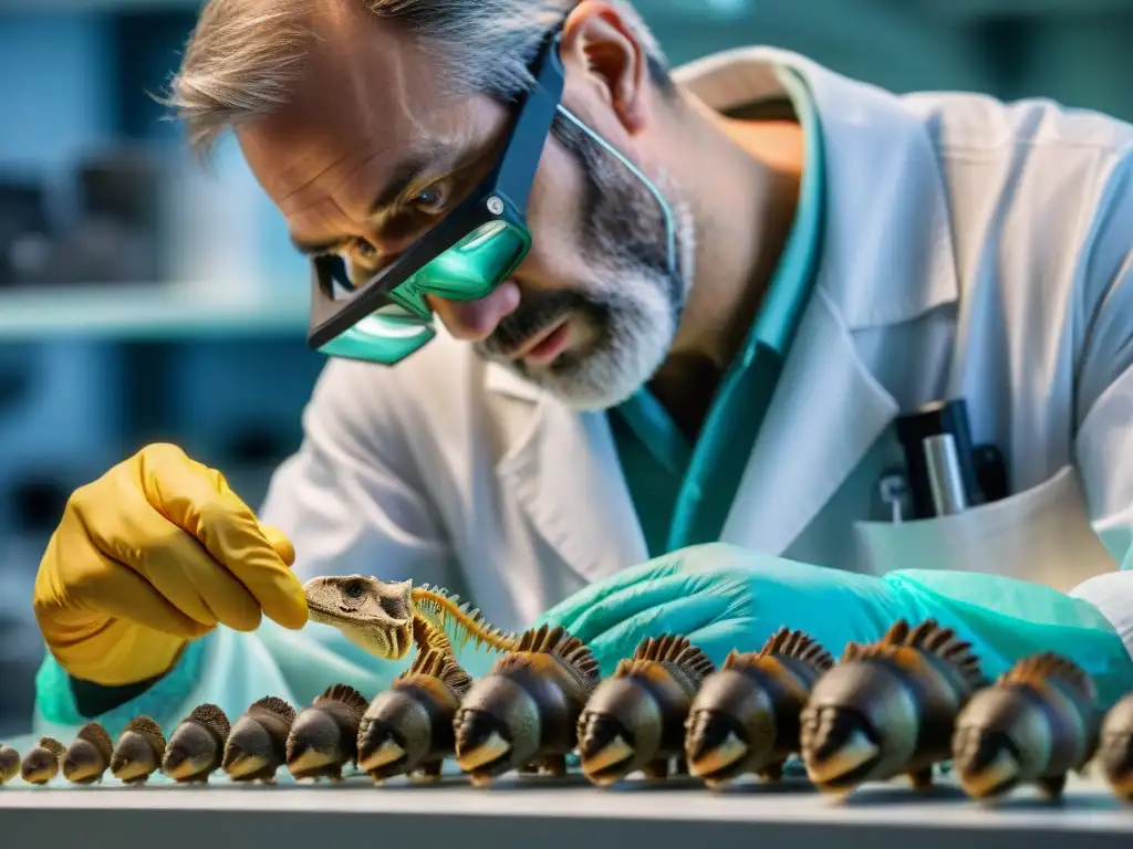 Extracción de ADN de dinosaurio: investigación pionera Un paleontólogo extrae ADN de dinosaurio de un fósil bajo microscopio en laboratorio avanzado
